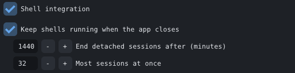 CPT's terminal settings with “Keep shells running when the app closes” switched on, and below it the limits for how long a detached session is kept and how many can exist at once.